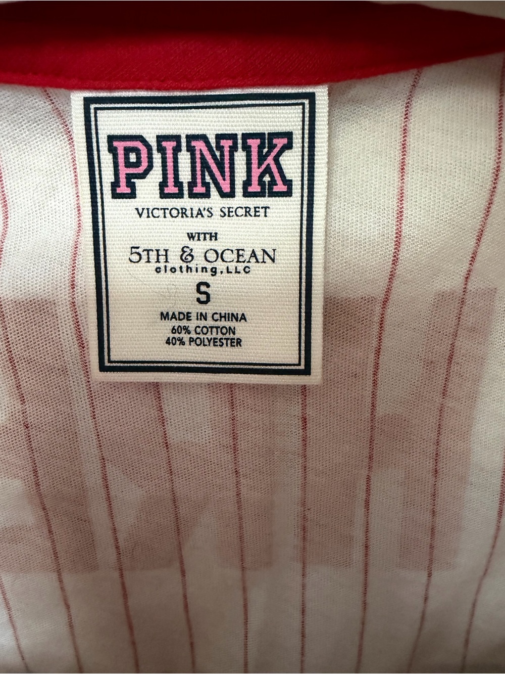 Vintage PINK Victoria's Secret White Tee with Red Pinstripes and Red Trim - Picture 3 of 4